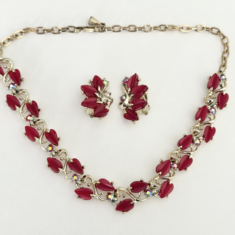 Vintage Red Thermoset Lucite Leaf AB Rhinestone Necklace Clip On Earrings Set