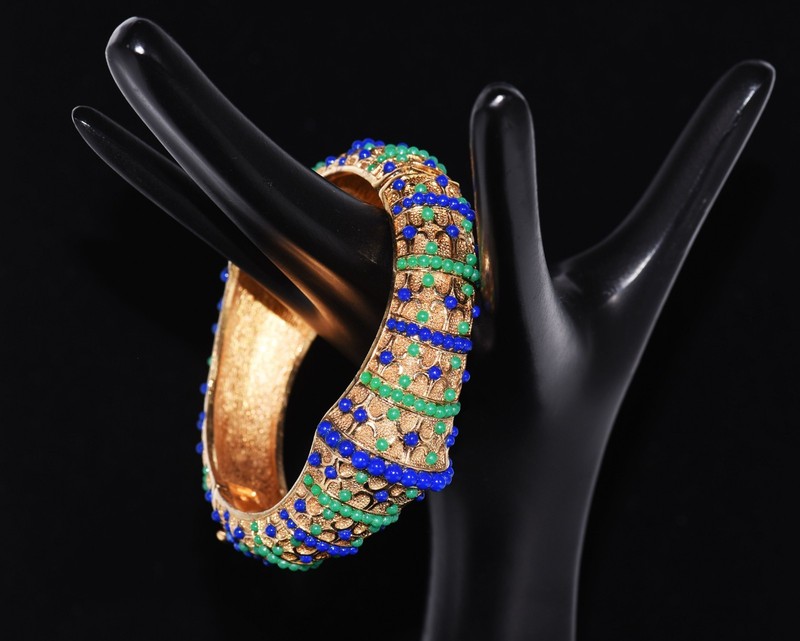 Sublime BOUCHER Navy BLUE and Forest GREEN Beaded GOLDTONE BANGLE Bracelet gallery