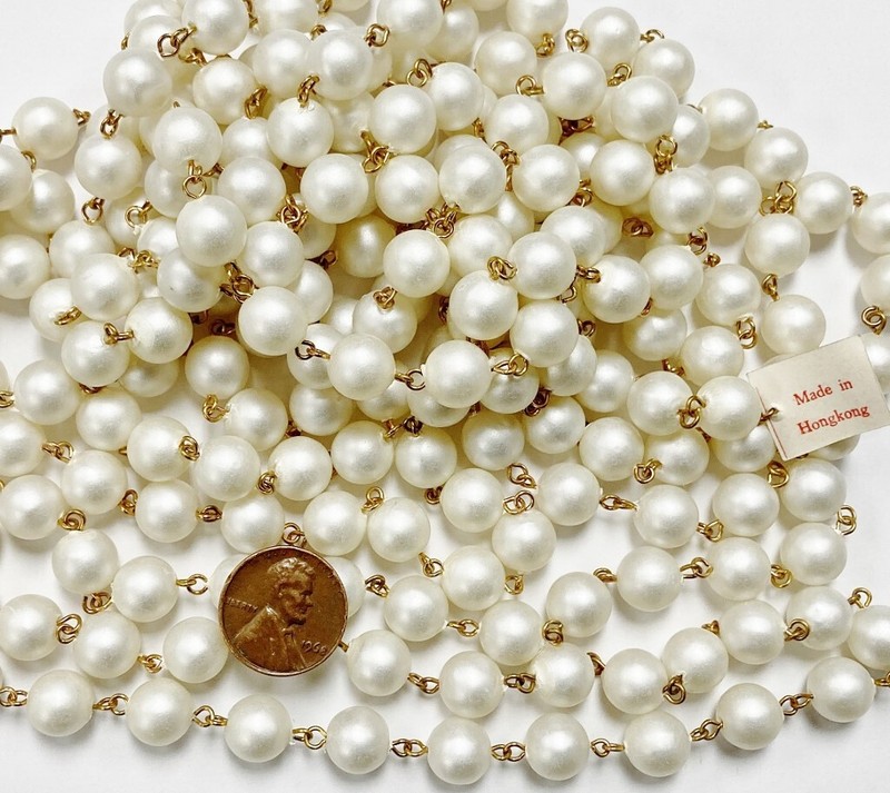 10 FEET VINTAGE HONG KONG SATIN 10mm. PEARL BRASS ROSARY CONTINUOUS CHAIN 1016 gallery