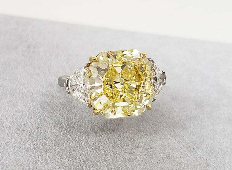 12 Carat Fancy Intense Yellow Internally Flawless Citrine & CZ Three Stone Ring