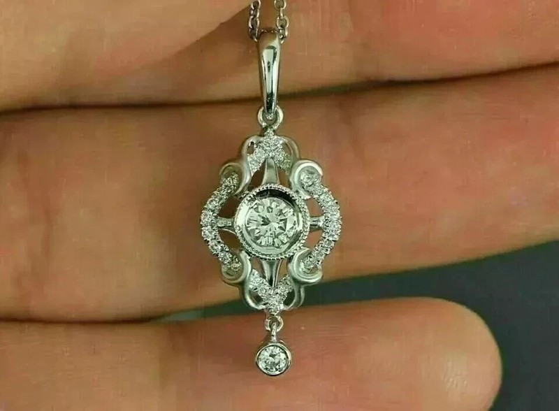 1.85Ct Art Deco Style Lab Created Diamond Anniversary 14K White Gold FN Pendant gallery