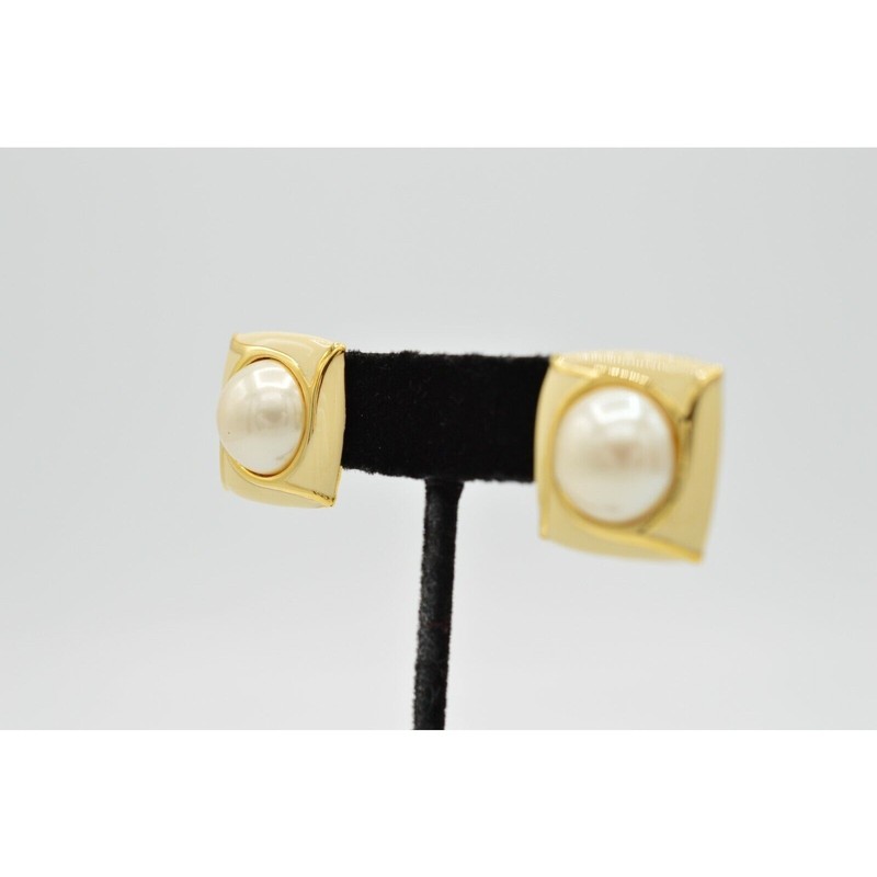 Vintage Pierced Earrings Faux Pearl Cream Off White Gold Enamel NOS 1980s 9L gallery