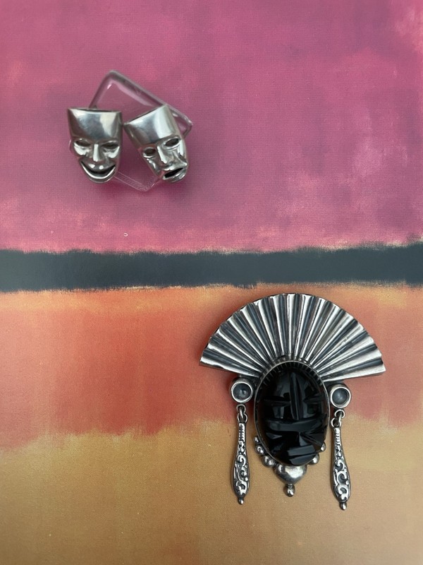 Taxco Vintage Lot Sterling 925 Comedy & Tragedy Earrings Onyx Statement Brooch