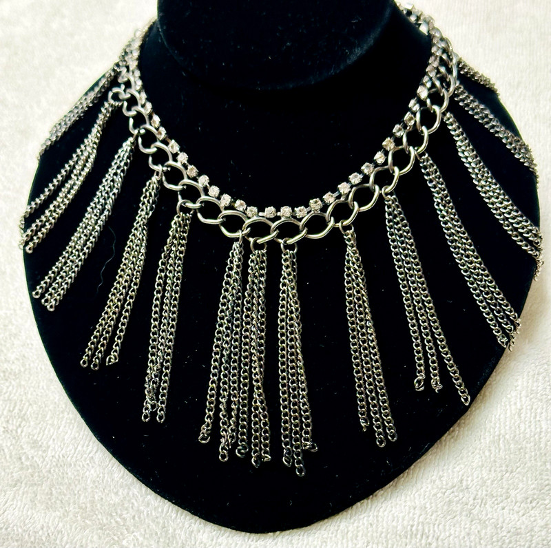 Silver Tone Chain Necklace Tassel Bib Rhinestone Accents n956 gallery