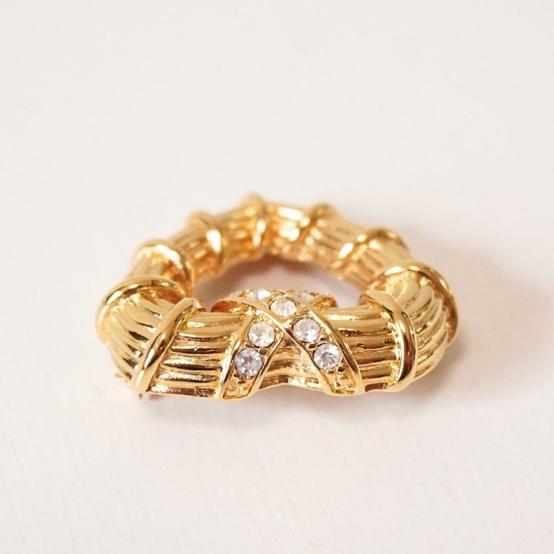 Vintage Monet Gold Tone Clear Rhinestone Open Heart Brooch Pin Signed gallery