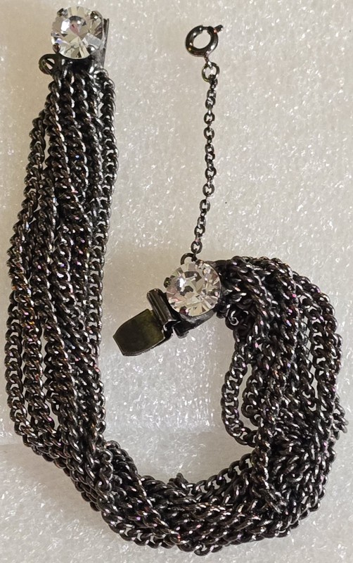 Vintage signed MIMI Clear Rhinestones Black Enamel Multi Chain Hinged Bracelet