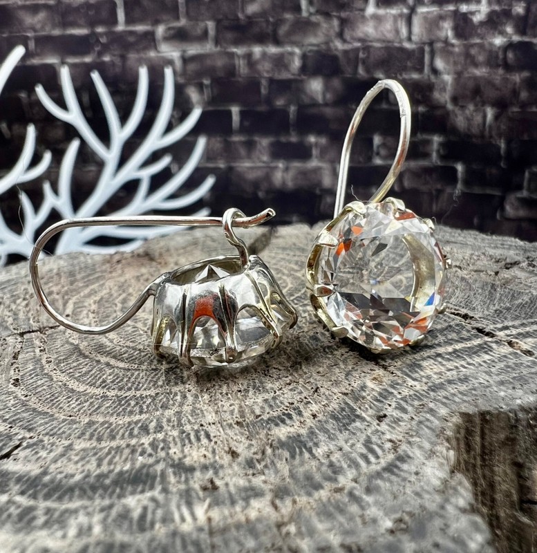 Antique russian old stone NATURAL faceted round Rock Crystal Silver 875 earrings gallery