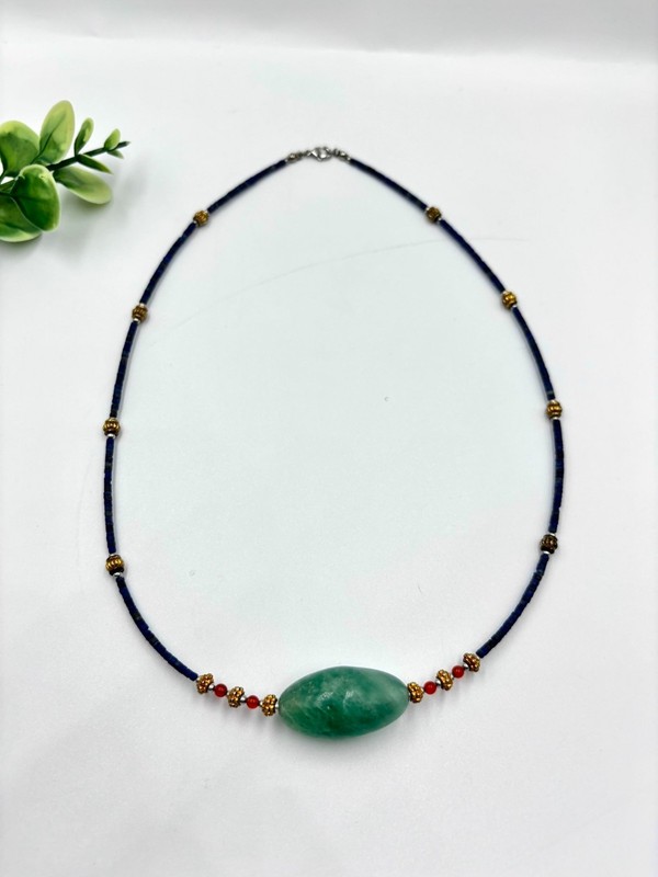 Handcrafted Lapis Lazuli Micro Bead Necklace Green Fluorite Centerpiece Pendant gallery