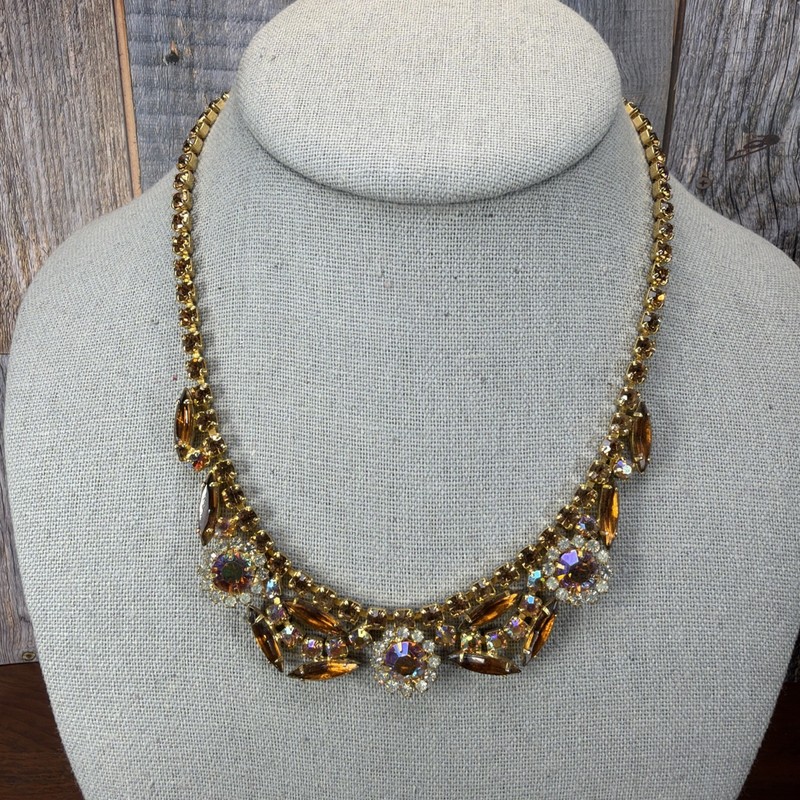 Juliana D&E Gold & Amber Brown Citrine AB Rhinestones Choker Necklace 17″