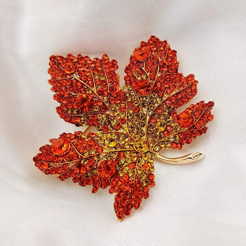 Vintage Stylish Full Micro Pave Yellow Orange Red Crystal Big Maple Leaf Brooch gallery
