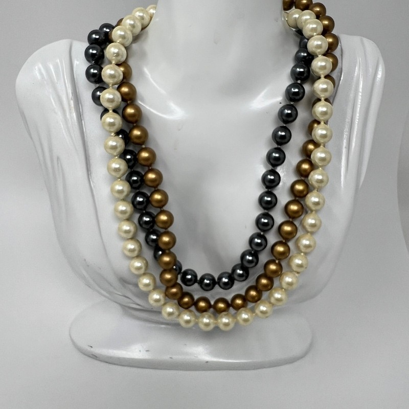 Vintage Tri Color Faux Pearl Necklace Black White Gold Tone Beads