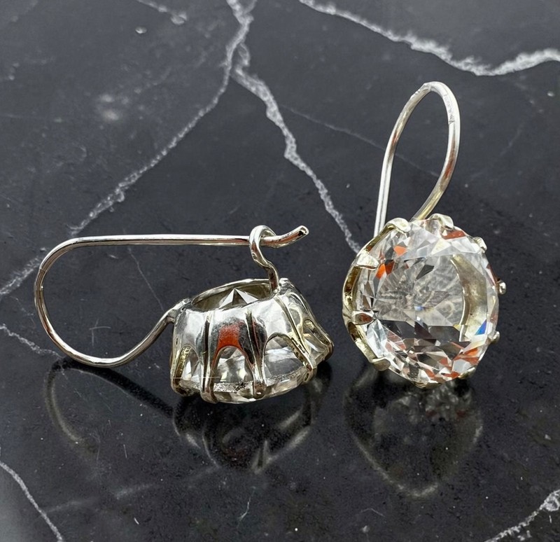 Antique russian old stone NATURAL faceted round Rock Crystal Silver 875 earrings