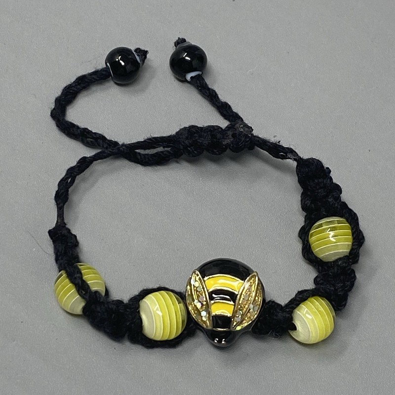 Bumble Bee Bracelet Black Yellow Glass Beads Adjustable Slide Cord Striped Givre