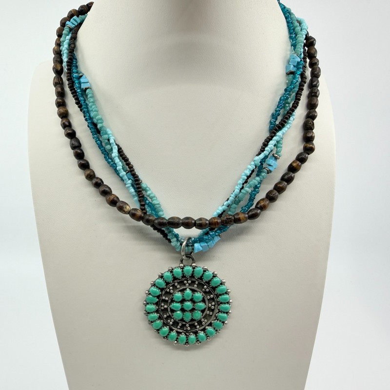 Vintage Southwestern Multi Strand Necklace Turquoise Tone Wood Seed Bead Concho gallery