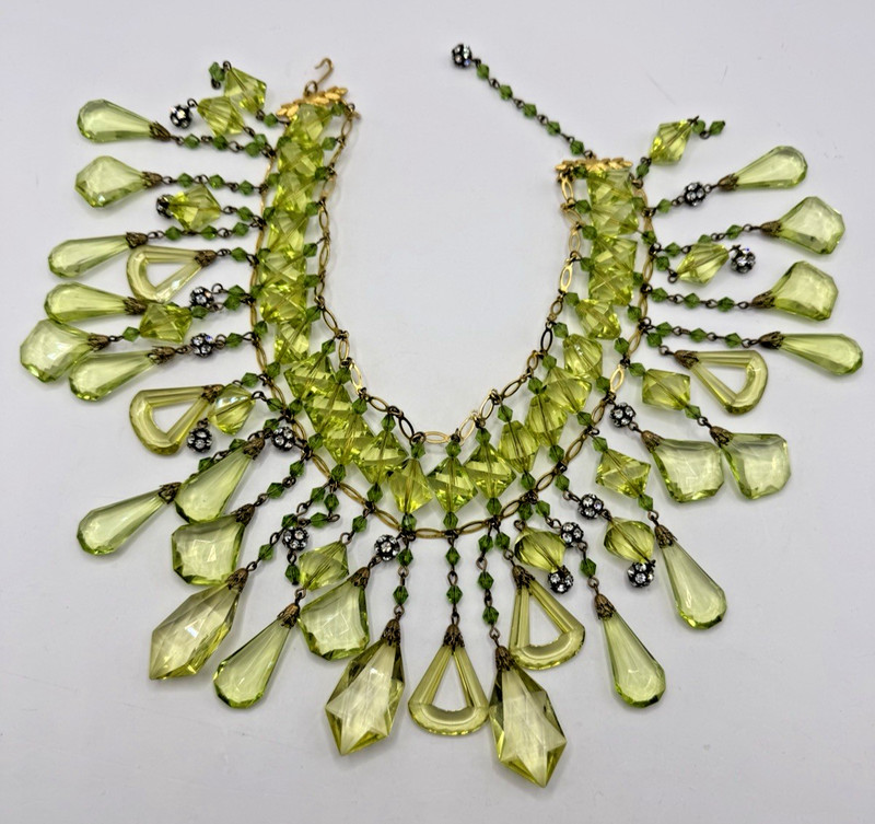Stunning Vintage 1950s-60s Green Czech Glass Huge Dangling Beaded Bib Necklace