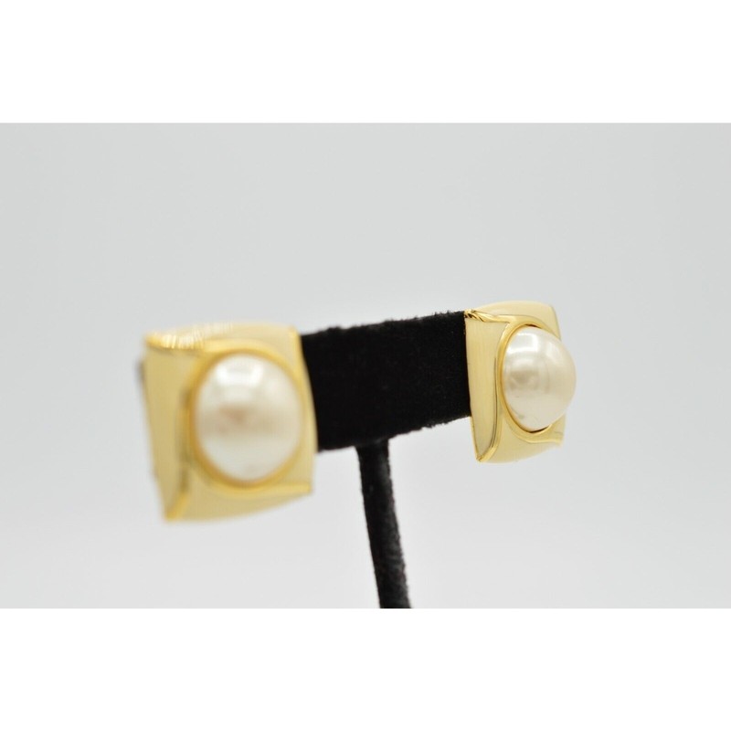 Vintage Pierced Earrings Faux Pearl Cream Off White Gold Enamel NOS 1980s 9L gallery