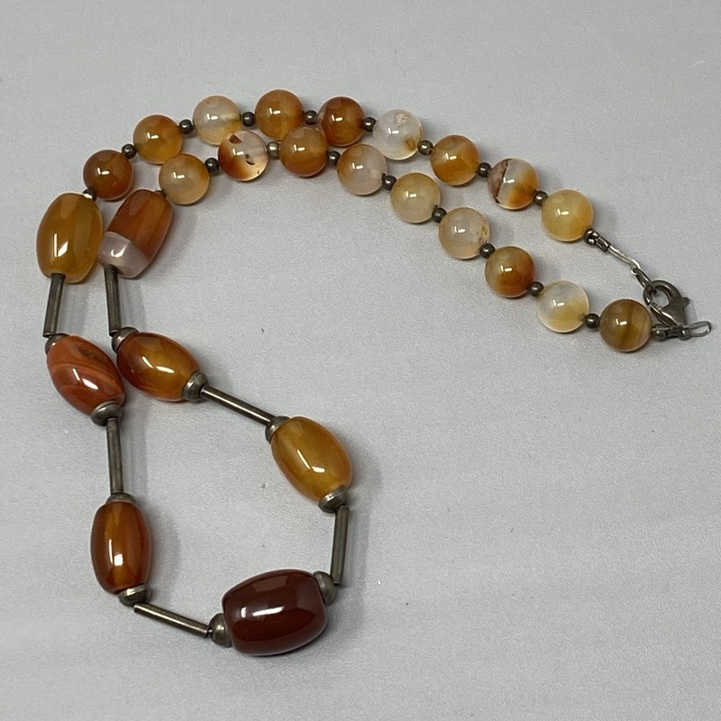 Brown Stone Bead Necklace Sterling Silver Tube Chain Round Oblong Gemstones 16″