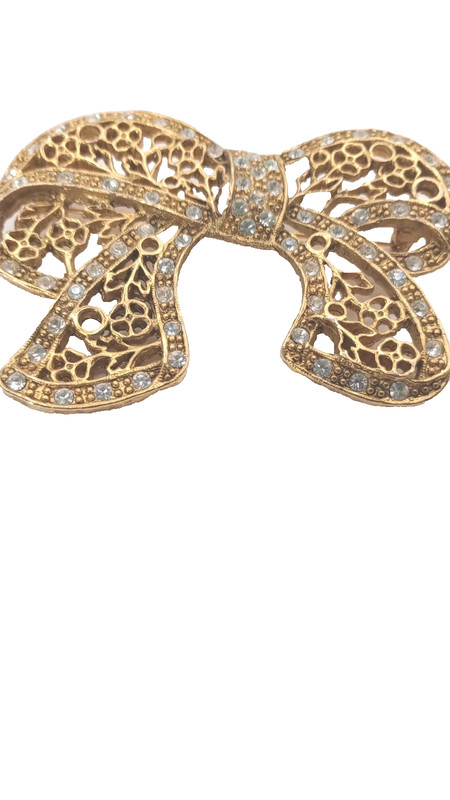 Vintage 1928 Brand Signed Rhinestone Ribbon Bow Brooch Gold Tone Lg 2 3/4 In gallery