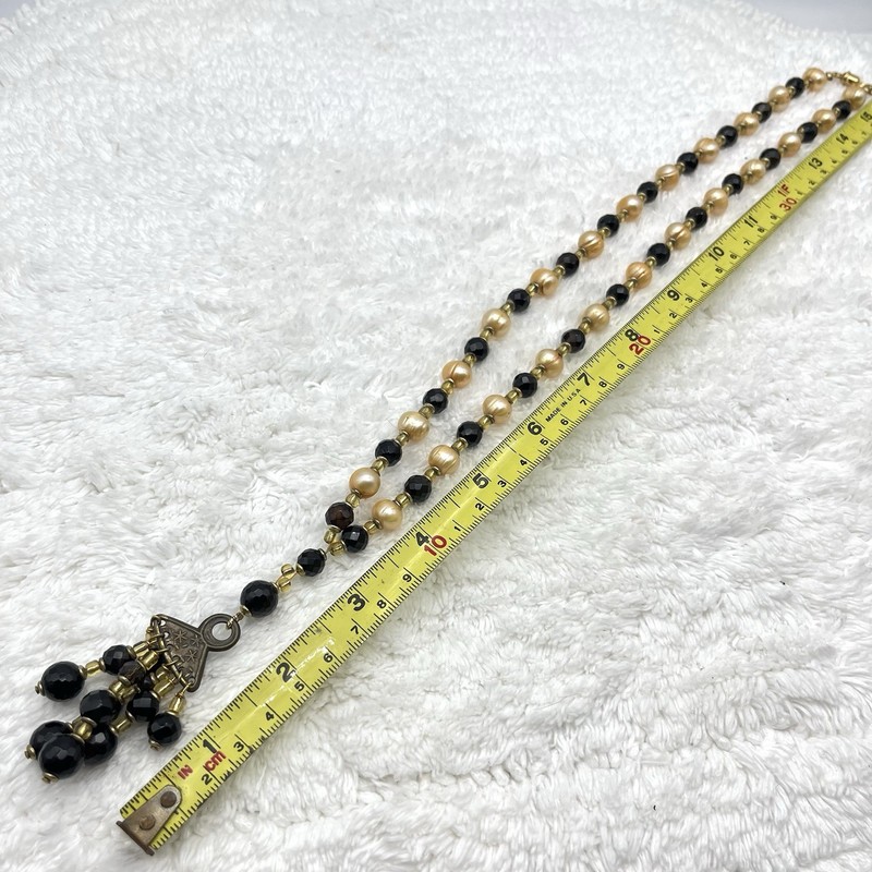 Vintage Tassel Necklace Faux Pearl Black Glass Rhinestone Beads 24" Chain gallery