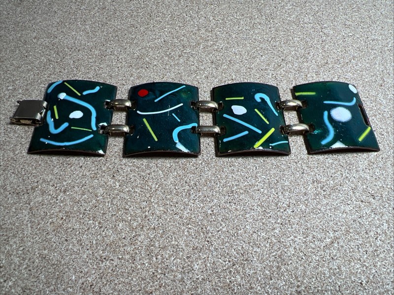 Vintage MCM Bracelet Enamel on Copper 1.75″ Wide 4 Panel Modern Green Artisan