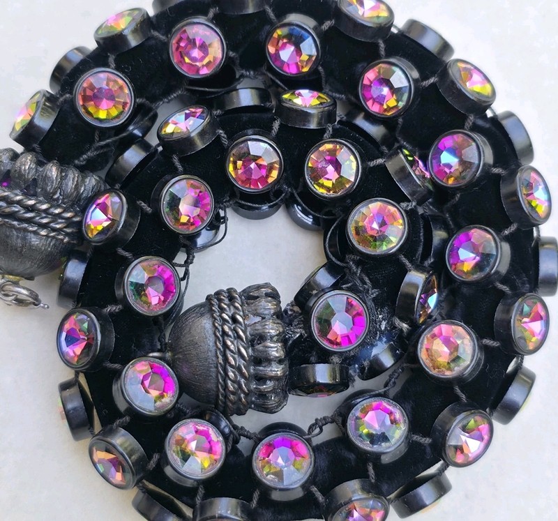 Vintage Necklace Black Velvet Iridescent Rhinestone Choker Whimsygoth Witchy
