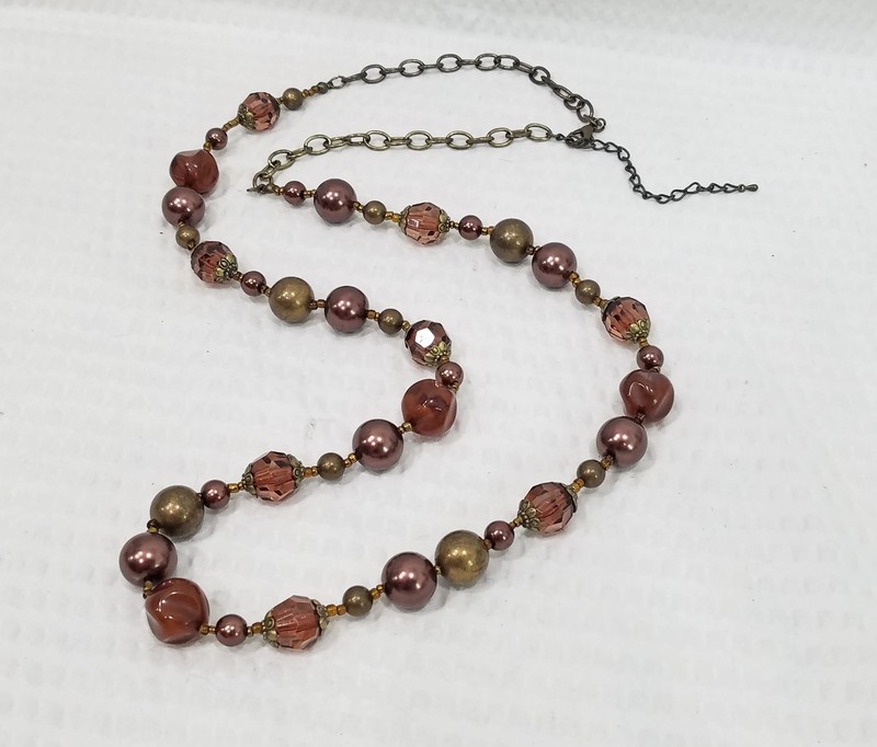 Vintage Brown Acrylic Crystal Cognac Geometric & Brass Tone Bead Long Necklace