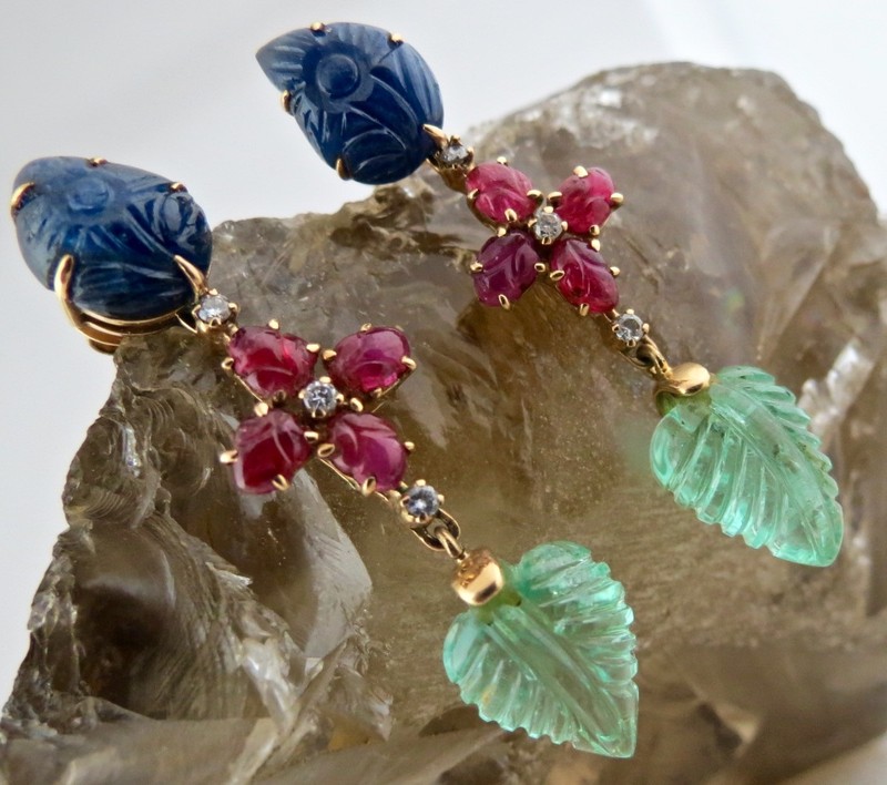 Certified Estate Natural Emerald 10ct Ruby Sapphire Carved Diamond 18k Earrings gallery