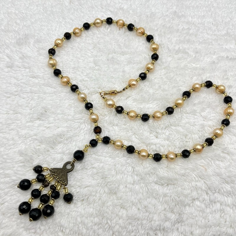Vintage Tassel Necklace Faux Pearl Black Glass Rhinestone Beads 24" Chain gallery