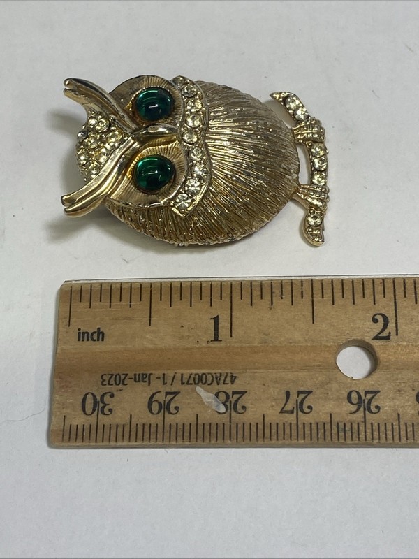 Vintage Gold-Tone Owl Brooch Pin with Green Glass Eyes Clear Rhinestone Accents gallery