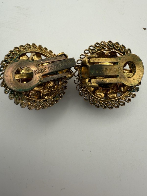 VTG Austria Fruit Salad Clip Earrings GoldTone Pink blue Faceted Crystals J140 gallery