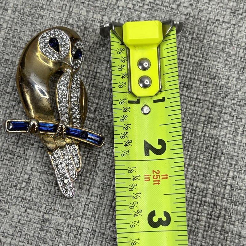 Vintage Gold Tone Owl Brooch Blue Baguette Eyes Rhinestone Pave Figural Pin gallery