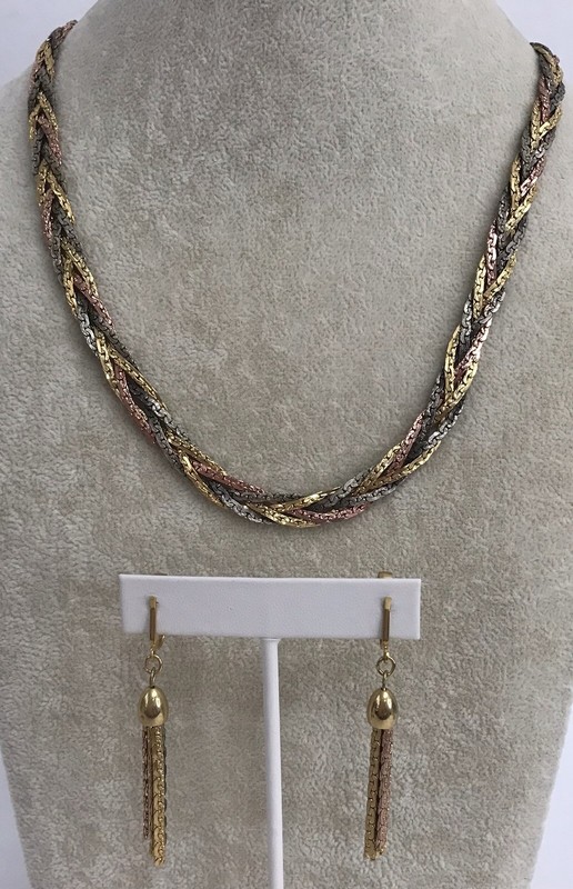 Vintage Tricolor Braided Necklace & Dangle Earrings Rose, Silver, & Gold Toned