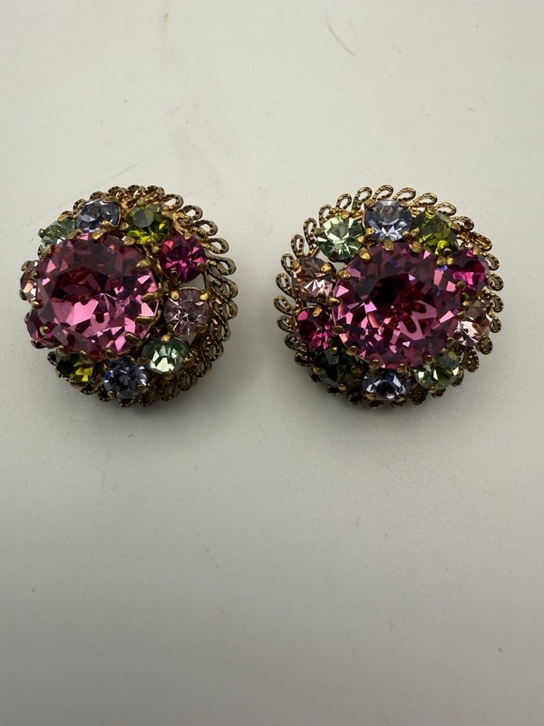 VTG Austria Fruit Salad Clip Earrings GoldTone Pink blue Faceted Crystals J140 gallery