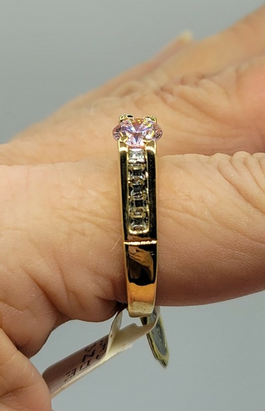 Vtg Sz 7 Ring Pink Clear Cubic Zirconia 18K GE Gold Electroplate Jewelry USA gallery