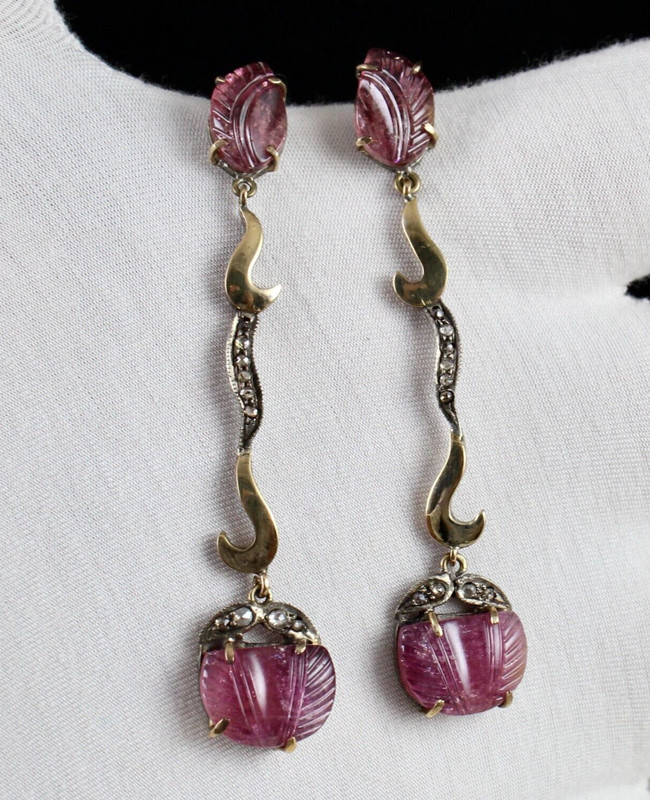 Vintage 10.00ct Natural Pink Tourmaline Carved Diamond 18k Gold Earrings