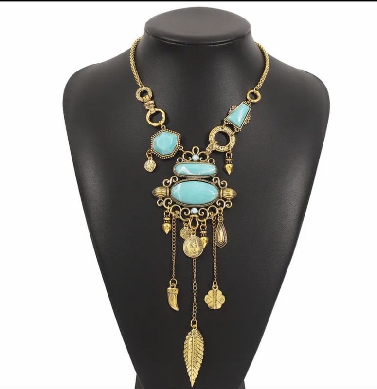Etruscan Revival Gold Tone Turquoise Bib Statement Fringe Necklace