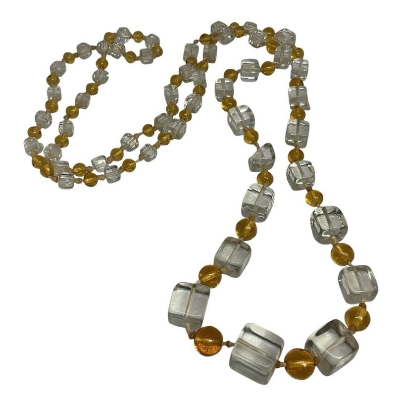 Vintage Czech Glass Necklace Yellow Graduated Cube & Clear Round Bead 36” gallery