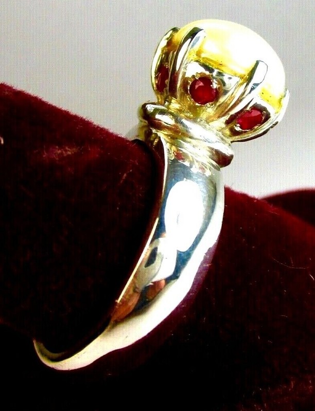 Art Deco 925 St. Silver Ring, With 7.86 Ct. Pearl & Rubies, Size R 1/2