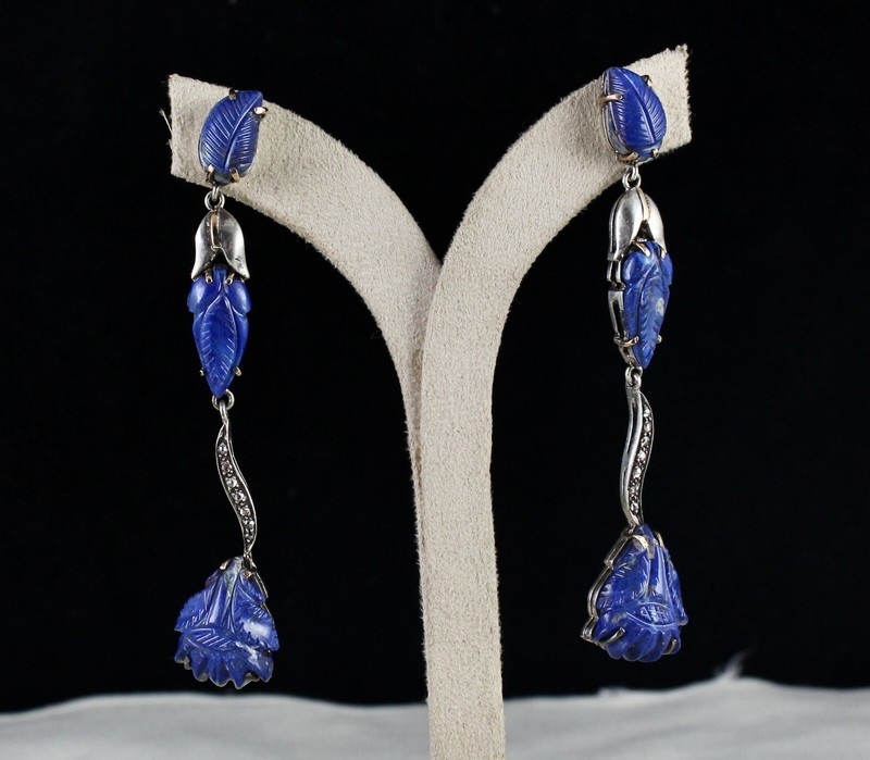 Natural Lapis Lazuli 78.85ct Leaf Diamond 18k Gold 925 Sterling Silver Earrings gallery