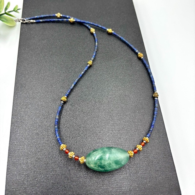 Handcrafted Lapis Lazuli Micro Bead Necklace Green Fluorite Centerpiece Pendant