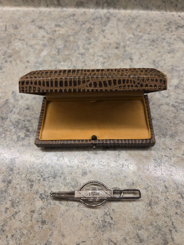Antique Silver Tone Art Deco Tie Bar Engraved “TEL” Pre 1920 w/Faux Lizard Case