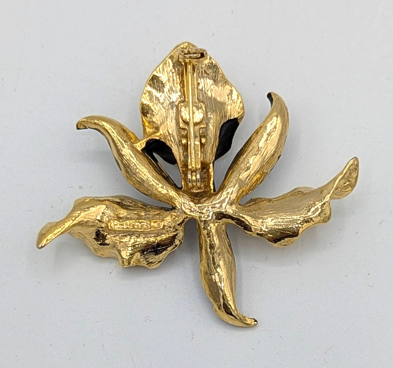 Vintage Gerrys Orchid Flower Brooch Floral Enamel Pin Black White Gold Tone gallery