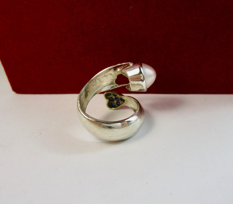 Vintage Art Deco 925 St. Silver Ring, With Pearl & Blue Sapphires, Size O gallery