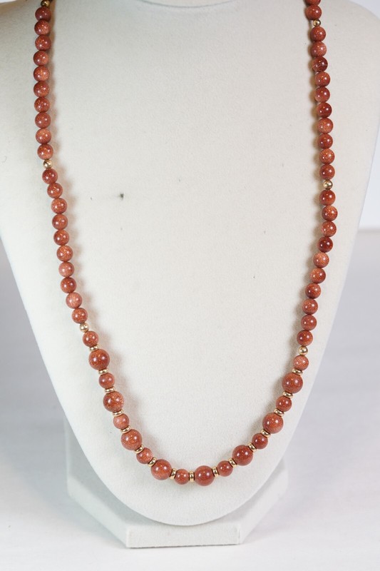 Gold Stone Round Beaded Necklace Gold Tone 21″ Unbranded 8mm & 6mm Vintage