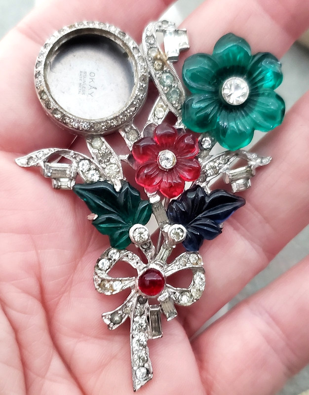Mazer Unsign As Is Fruit Salad Carved Glass Rhodium Plate Watch Pin Brooch RARE gallery