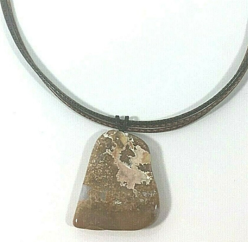Polished Rock Stone Leather Choker Necklace Triple Strand Brown Beige Neutrals