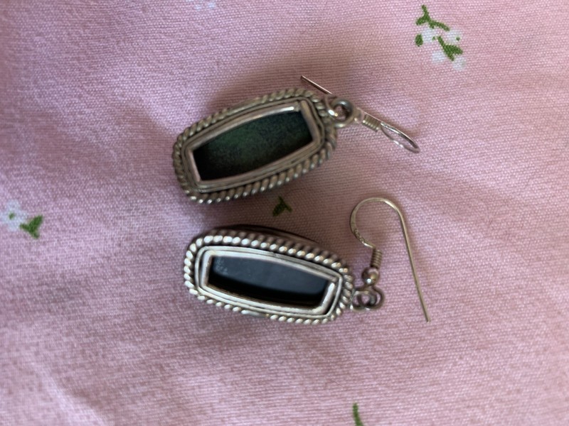 Vintage Sterling Silver Large Black Round Onyx Cabochon Drop Dangle Earrings gallery