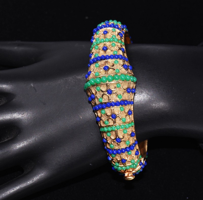 Sublime BOUCHER Navy BLUE and Forest GREEN Beaded GOLDTONE BANGLE Bracelet gallery