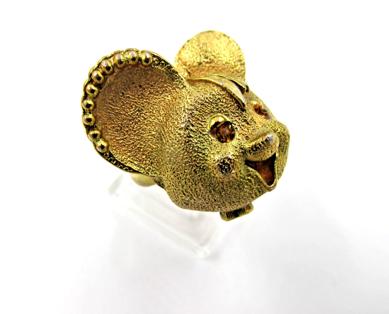 Unique Vintage Cartoon Mouse Ring Brushed Gold Tone Rhinestone Eyes Size 5 gallery