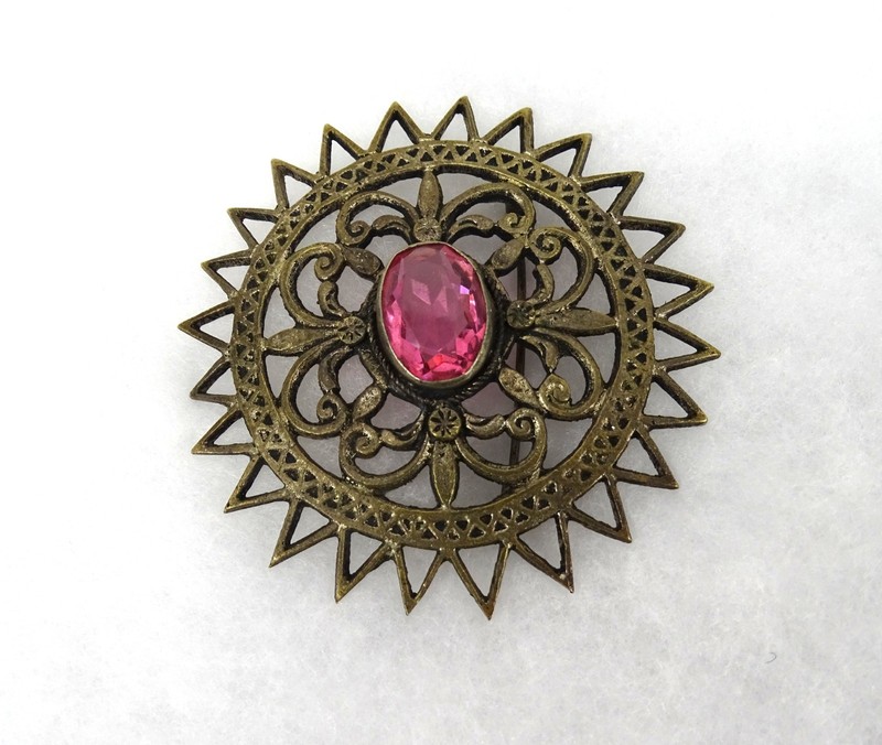 Antique Large Round Brass Sunburst Brooch, Oval Pink Stone, C-clasp